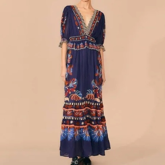 FARM Rio Dresses & Skirts - NWT Farm Rio Blue Nature Beauty Tropical Short Sleeves Chiffon Long Maxi Dress M